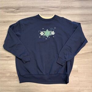 Vintage Navy Blue Womebs Sweater with Snowflake Embroidered Design